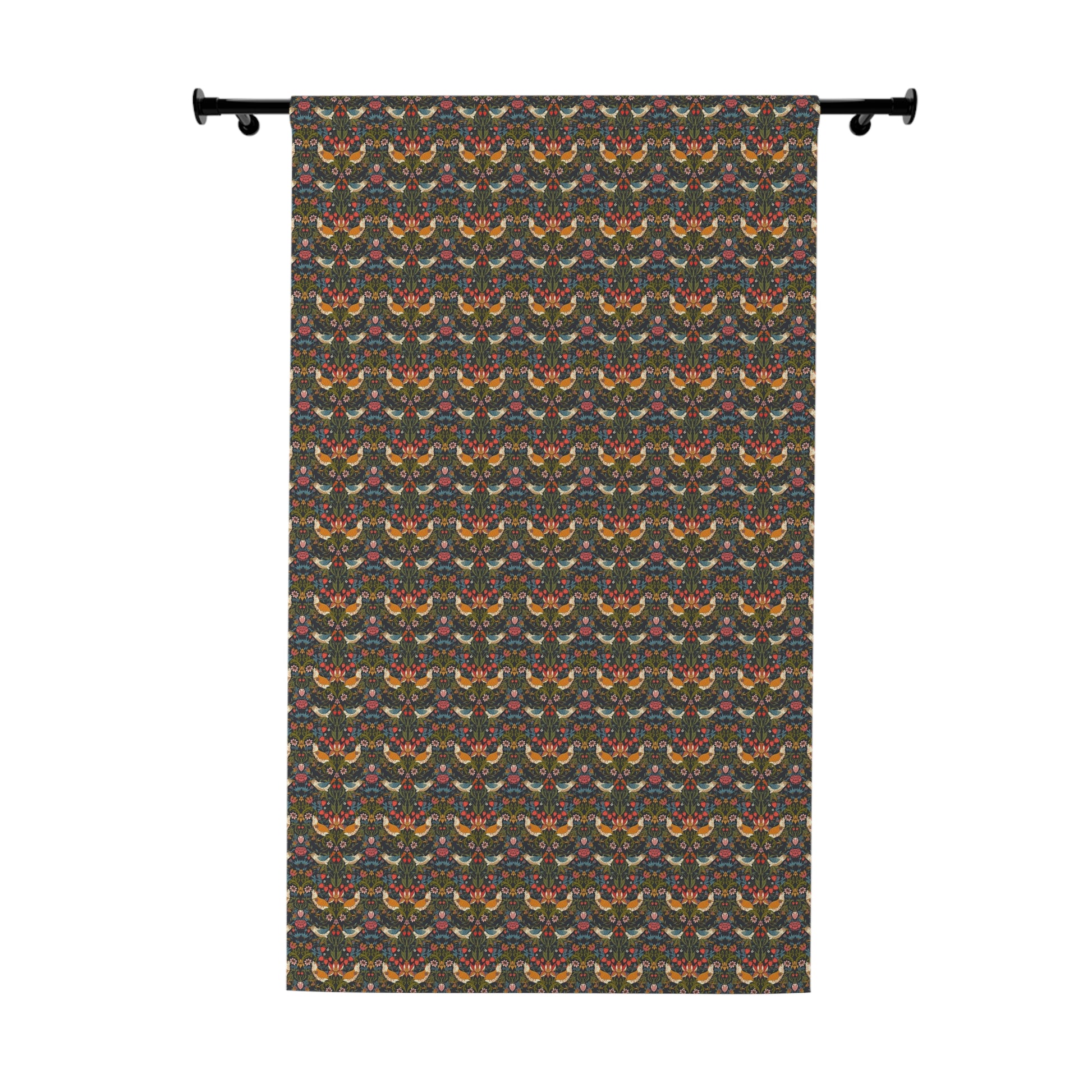 Decorative curtain with a pattern of colorful birds on a dark background