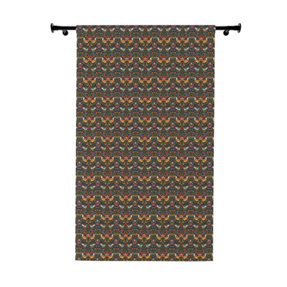 Decorative curtain with a pattern of colorful birds on a dark background