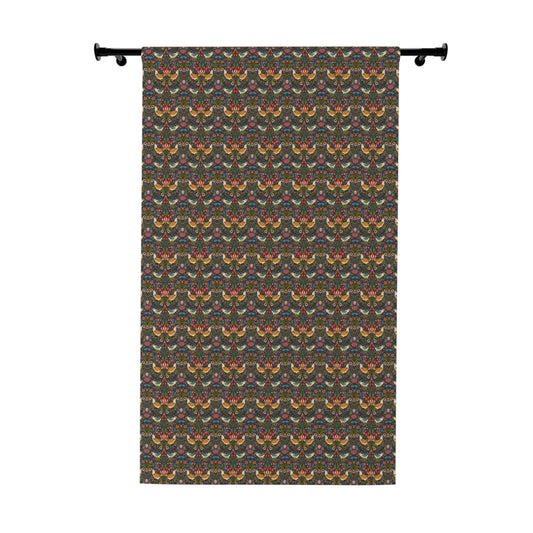 Decorative curtain with a pattern of colorful birds on a dark background