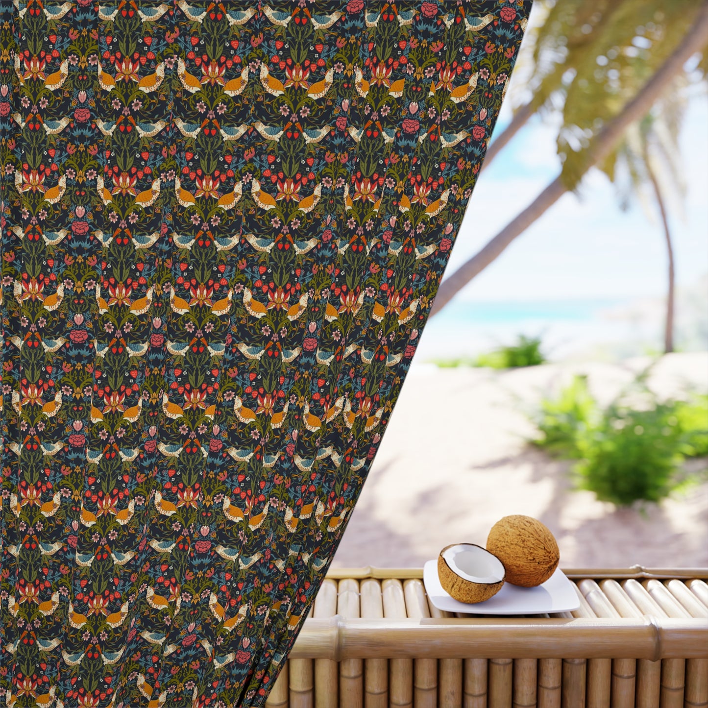 Decorative fabric with floral and bird pattern on a beach setting