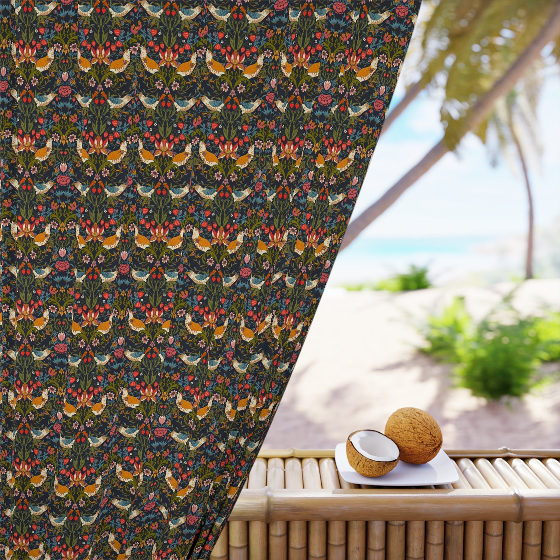 Decorative fabric with floral and bird pattern on a beach setting