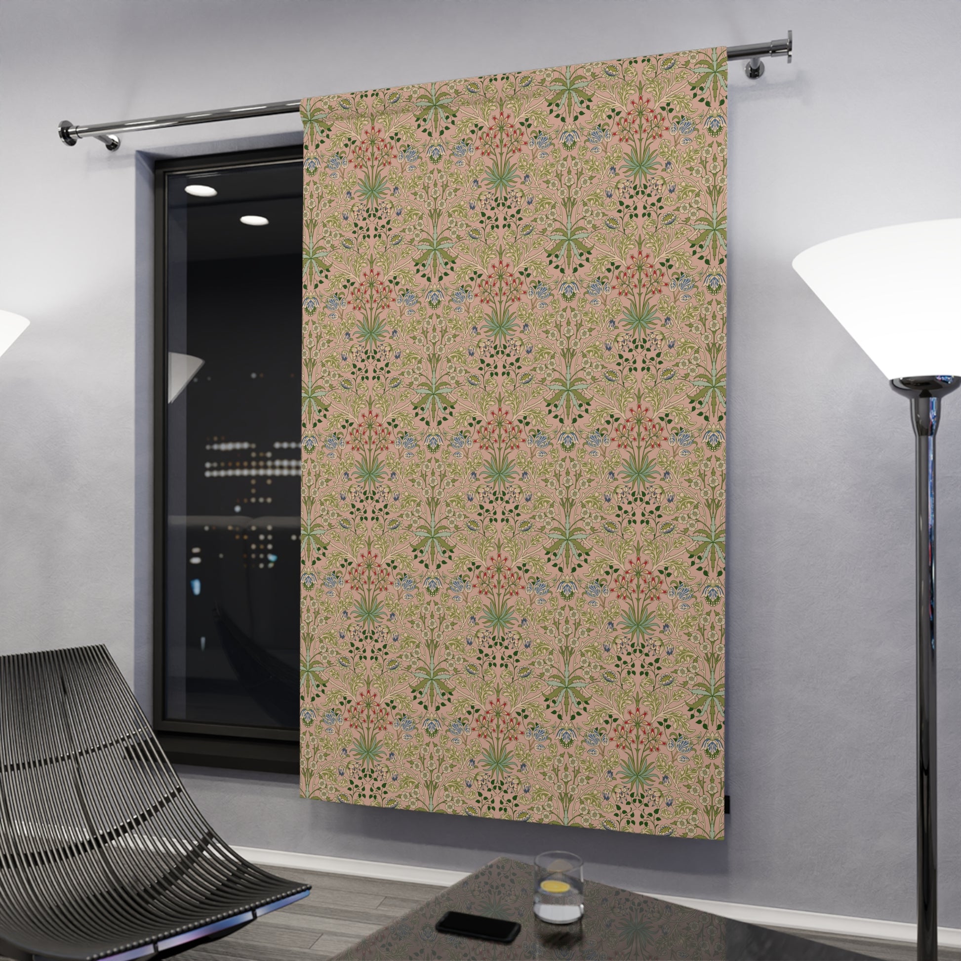 Decorative curtain with floral pattern in a modern interior setting