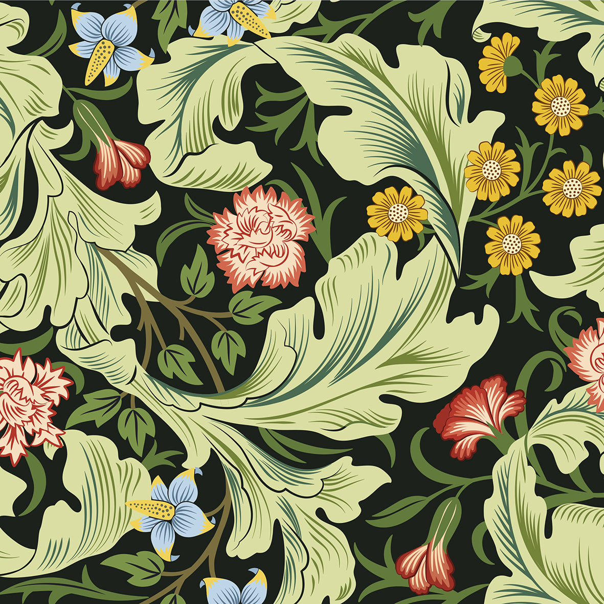 Floral and leaf pattern with colorful flowers on a black background