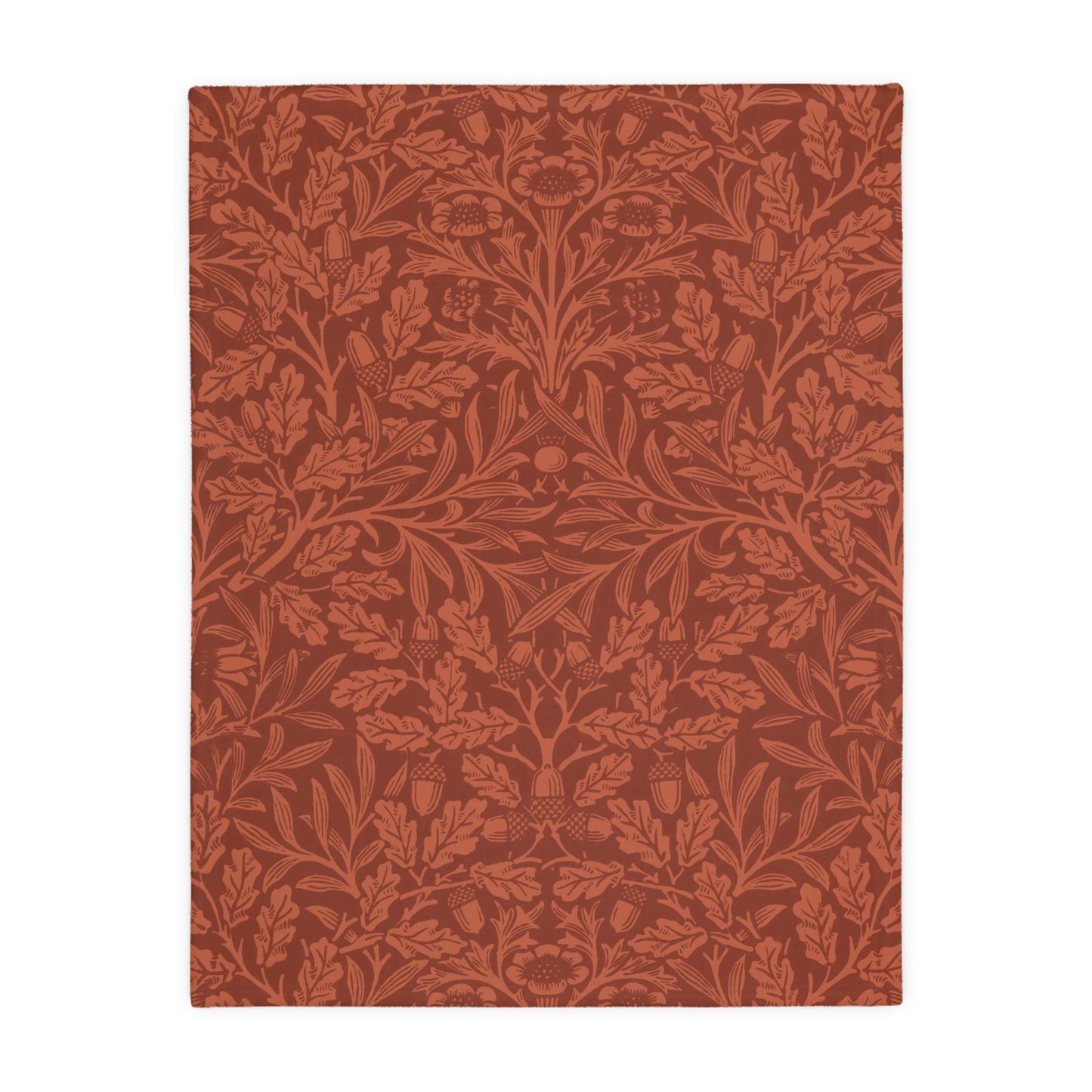 Luxury Velveteen Minky Blanket (Two-sided print) inspired by William Morris & Co in a pattern called Acorns &amp; Oak Leaves Collection (Rust / Smoky Blue)