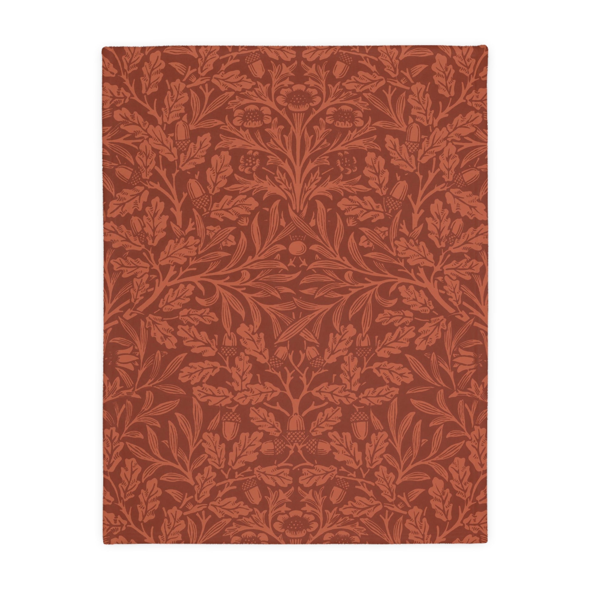 Luxury Velveteen Minky Blanket (Two-sided print) inspired by William Morris & Co in a pattern called Acorns &amp; Oak Leaves Collection (Rust / Smoky Blue)