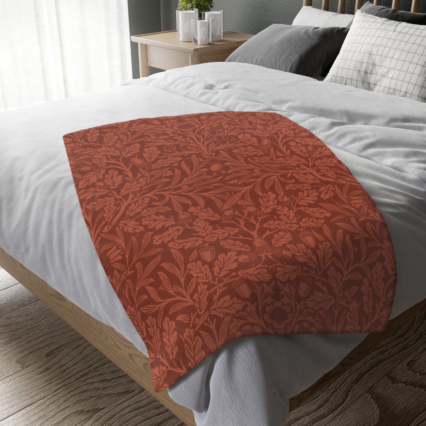 Luxury Velveteen Minky Blanket (Two-sided print) inspired by William Morris & Co in a pattern called Acorns &amp; Oak Leaves Collection (Rust / Smoky Blue)