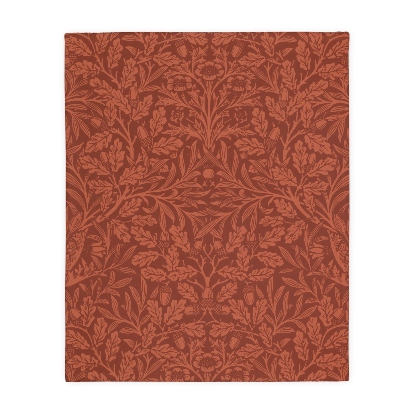 Luxury Velveteen Minky Blanket (Two-sided print) inspired by William Morris & Co in a pattern called Acorns &amp; Oak Leaves Collection (Rust / Smoky Blue)