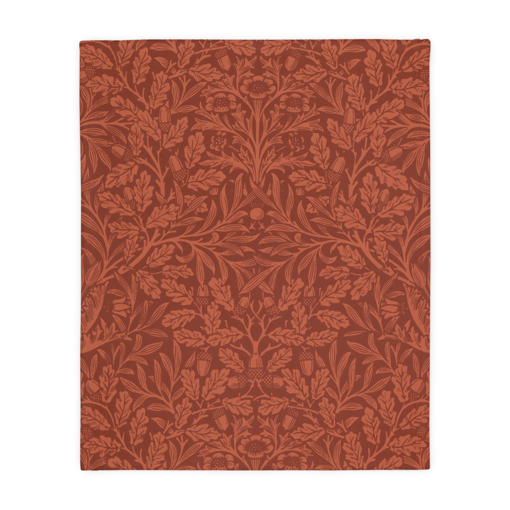 Luxury Velveteen Minky Blanket (Two-sided print) inspired by William Morris & Co in a pattern called Acorns &amp; Oak Leaves Collection (Rust / Smoky Blue)