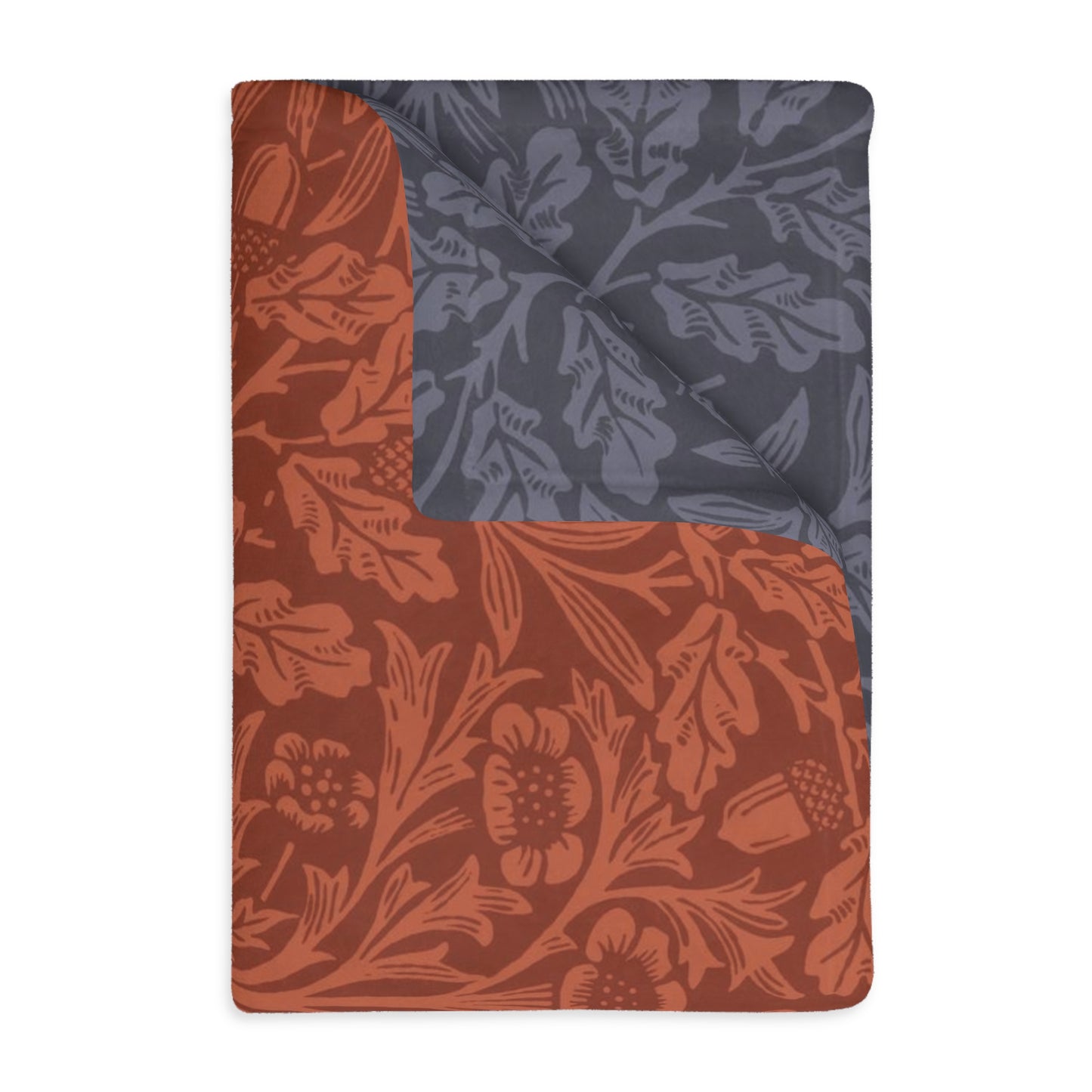 Luxury Velveteen Minky Blanket (Two-sided print) inspired by William Morris & Co in a pattern called Acorns &amp; Oak Leaves Collection (Rust / Smoky Blue)