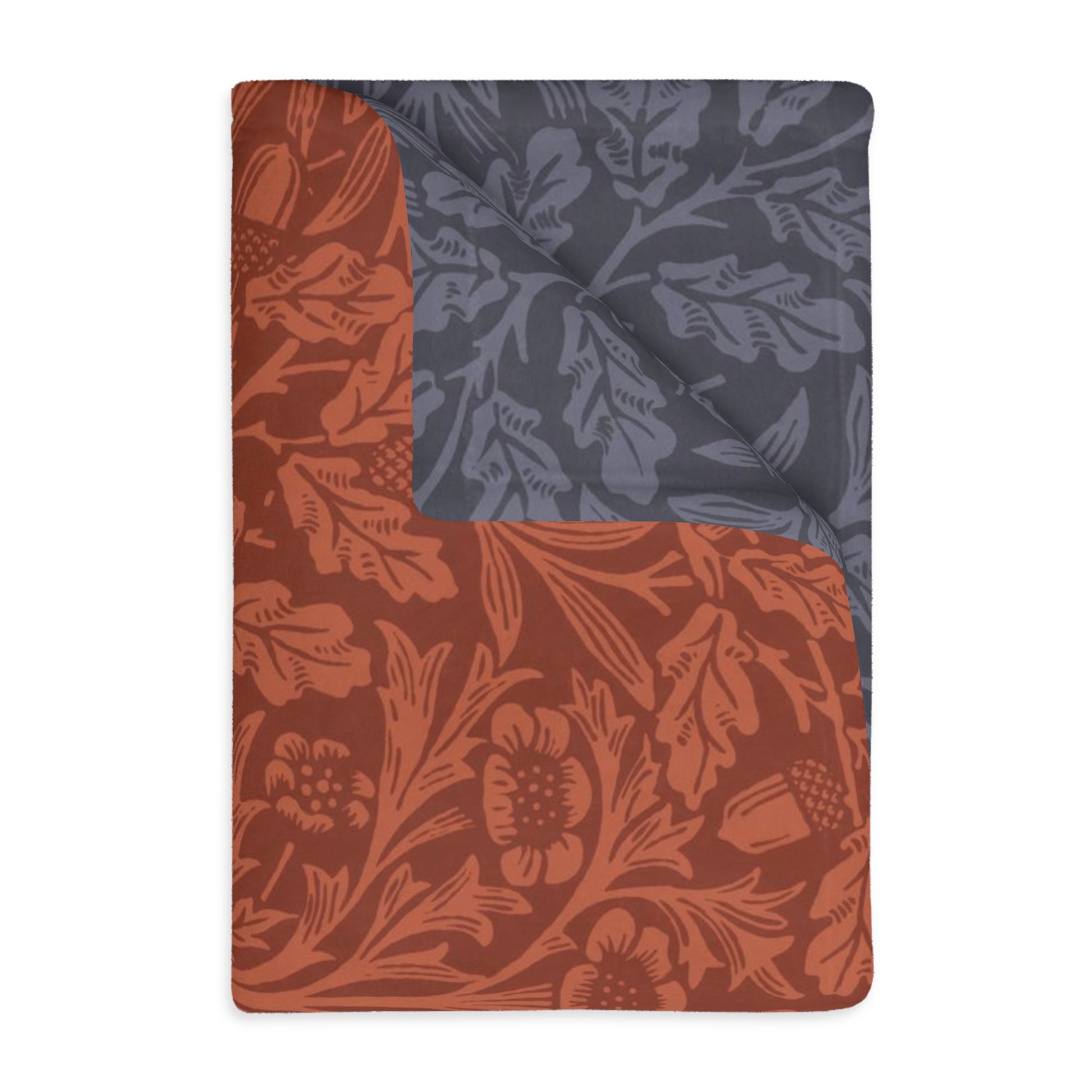 Luxury Velveteen Minky Blanket (Two-sided print) inspired by William Morris & Co in a pattern called Acorns &amp; Oak Leaves Collection (Rust / Smoky Blue)
