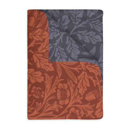 Luxury Velveteen Minky Blanket (Two-sided print) inspired by William Morris & Co in a pattern called Acorns &amp; Oak Leaves Collection (Rust / Smoky Blue)