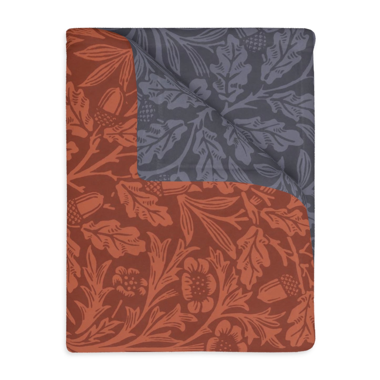 Luxury Velveteen Minky Blanket (Two-sided print) inspired by William Morris & Co in a pattern called Acorns &amp; Oak Leaves Collection (Rust / Smoky Blue)