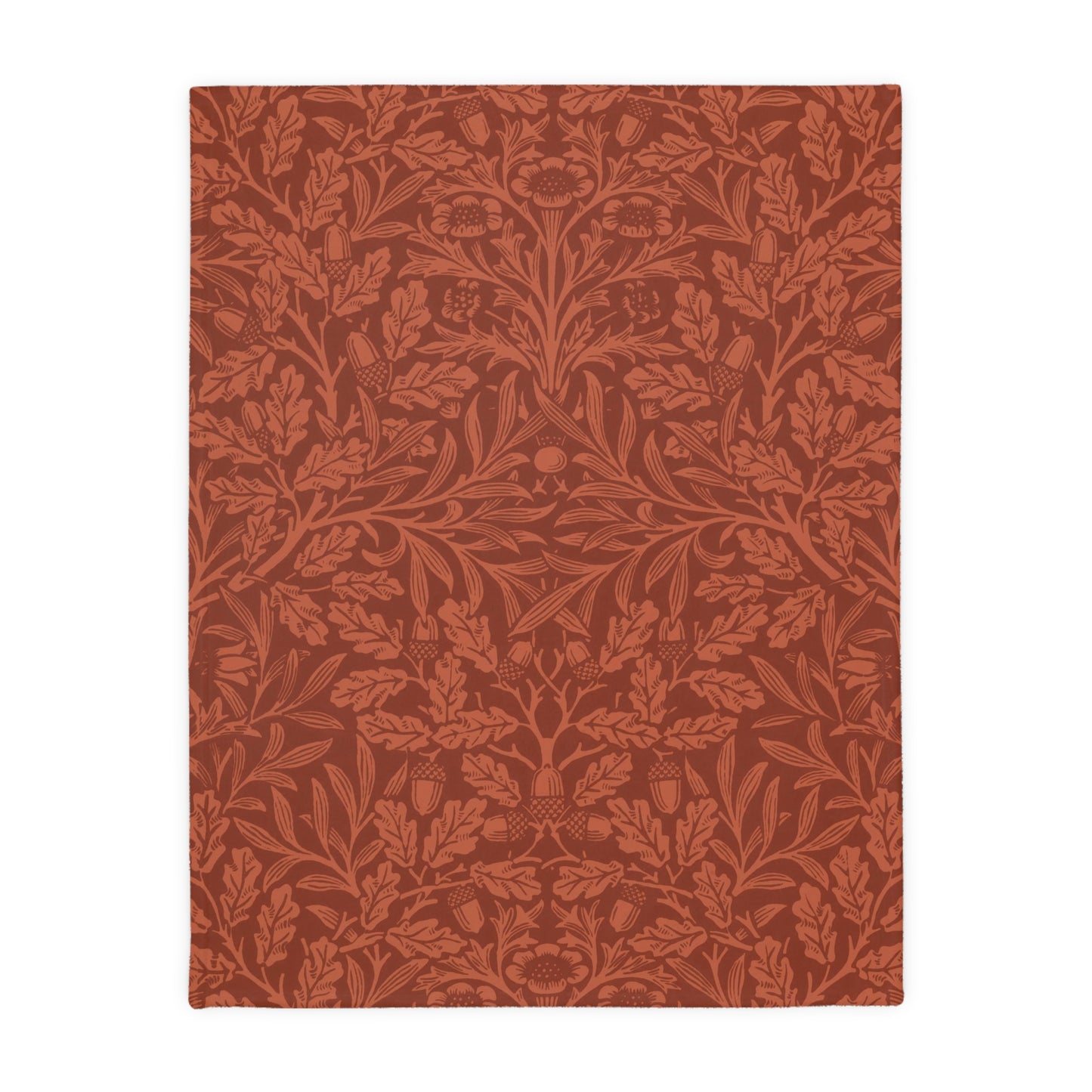 Luxury Velveteen Minky Blanket (Two-sided print) inspired by William Morris & Co in a pattern called Acorns &amp; Oak Leaves Collection (Rust / Smoky Blue)