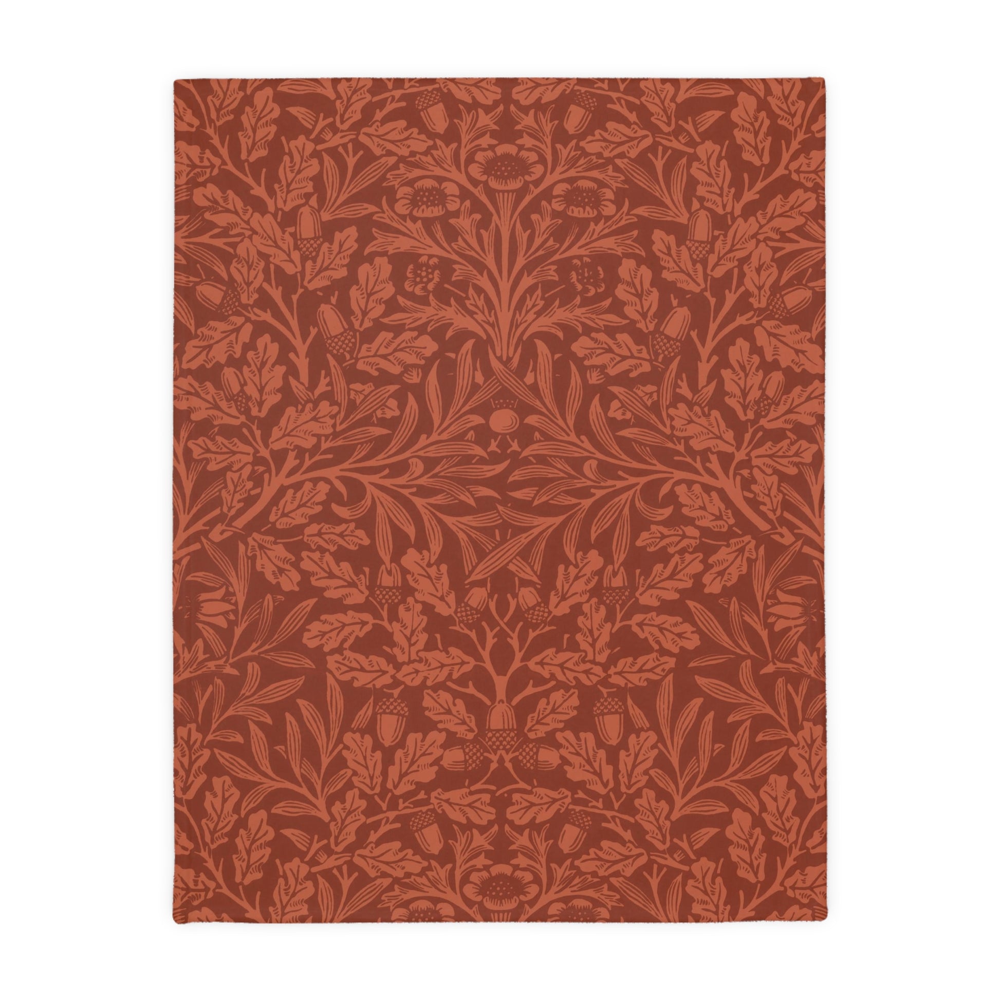 Luxury Velveteen Minky Blanket (Two-sided print) inspired by William Morris & Co in a pattern called Acorns &amp; Oak Leaves Collection (Rust / Smoky Blue)