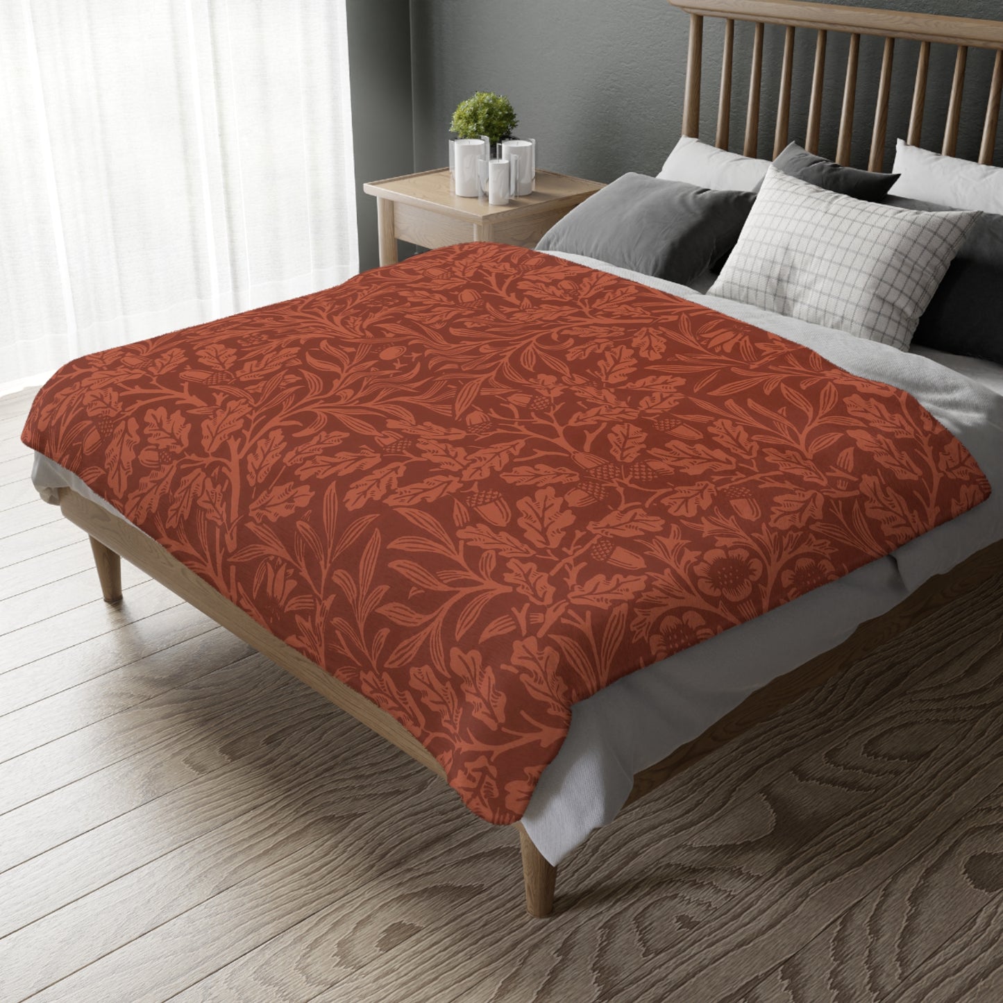Luxury Velveteen Minky Blanket (Two-sided print) inspired by William Morris & Co in a pattern called Acorns &amp; Oak Leaves Collection (Rust / Smoky Blue)