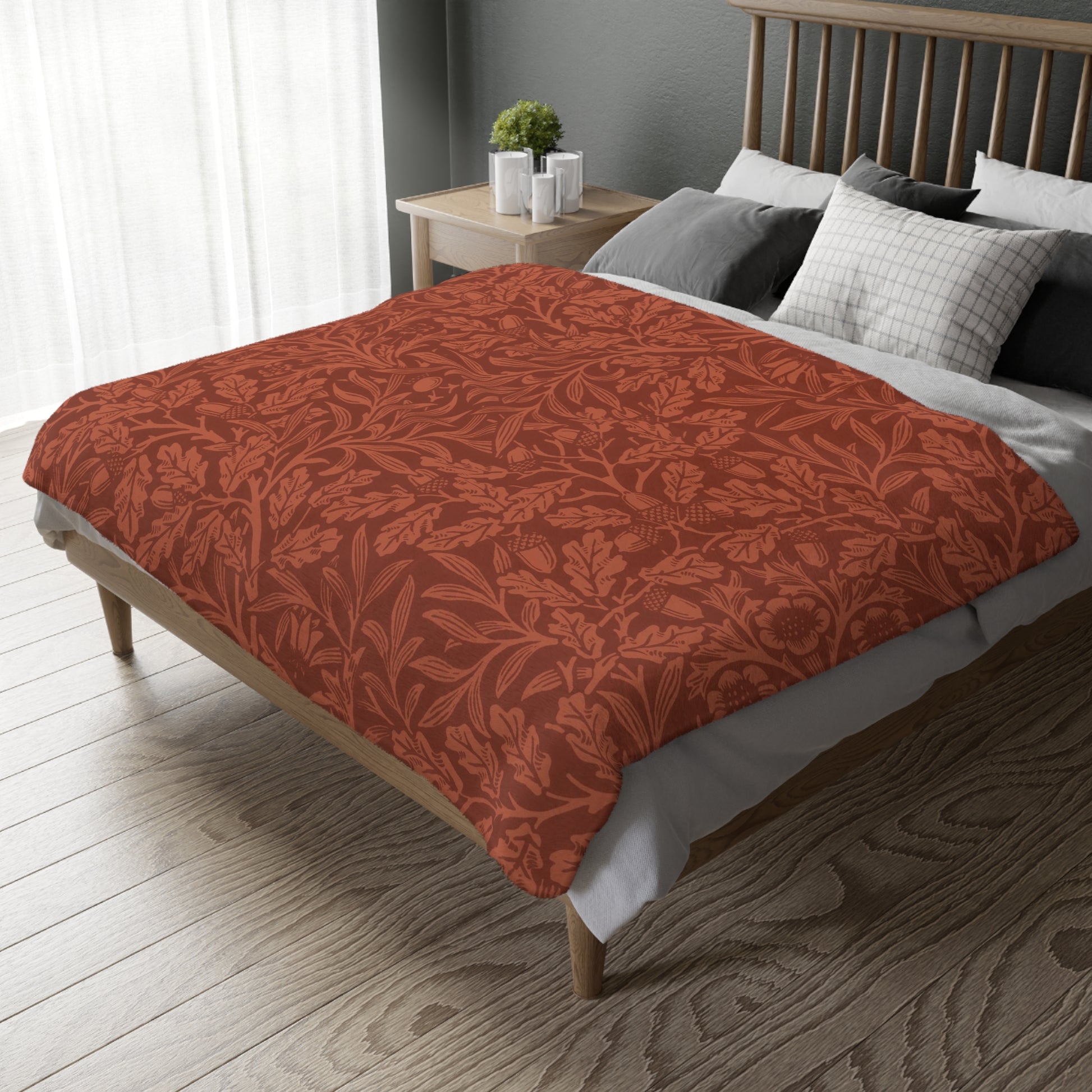 Luxury Velveteen Minky Blanket (Two-sided print) inspired by William Morris & Co in a pattern called Acorns &amp; Oak Leaves Collection (Rust / Smoky Blue)