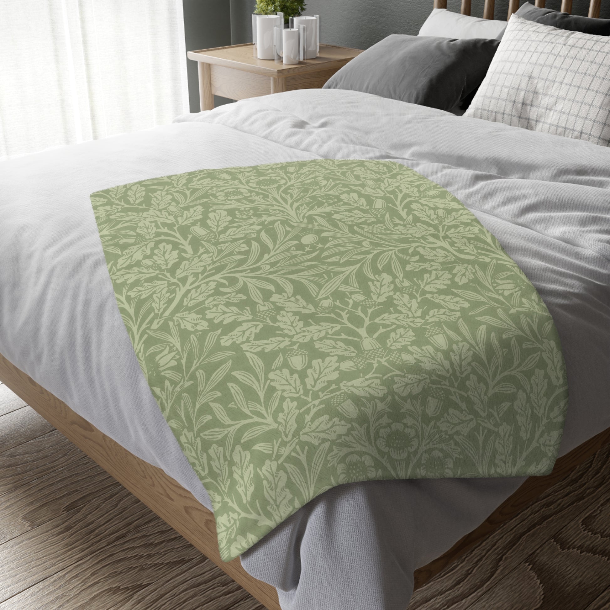 Luxury Velveteen Minky Blanket (Two-sided print) inspired by William Morris & Co in a pattern called Acorns & Oak Leaves Collection (Green/Teal)