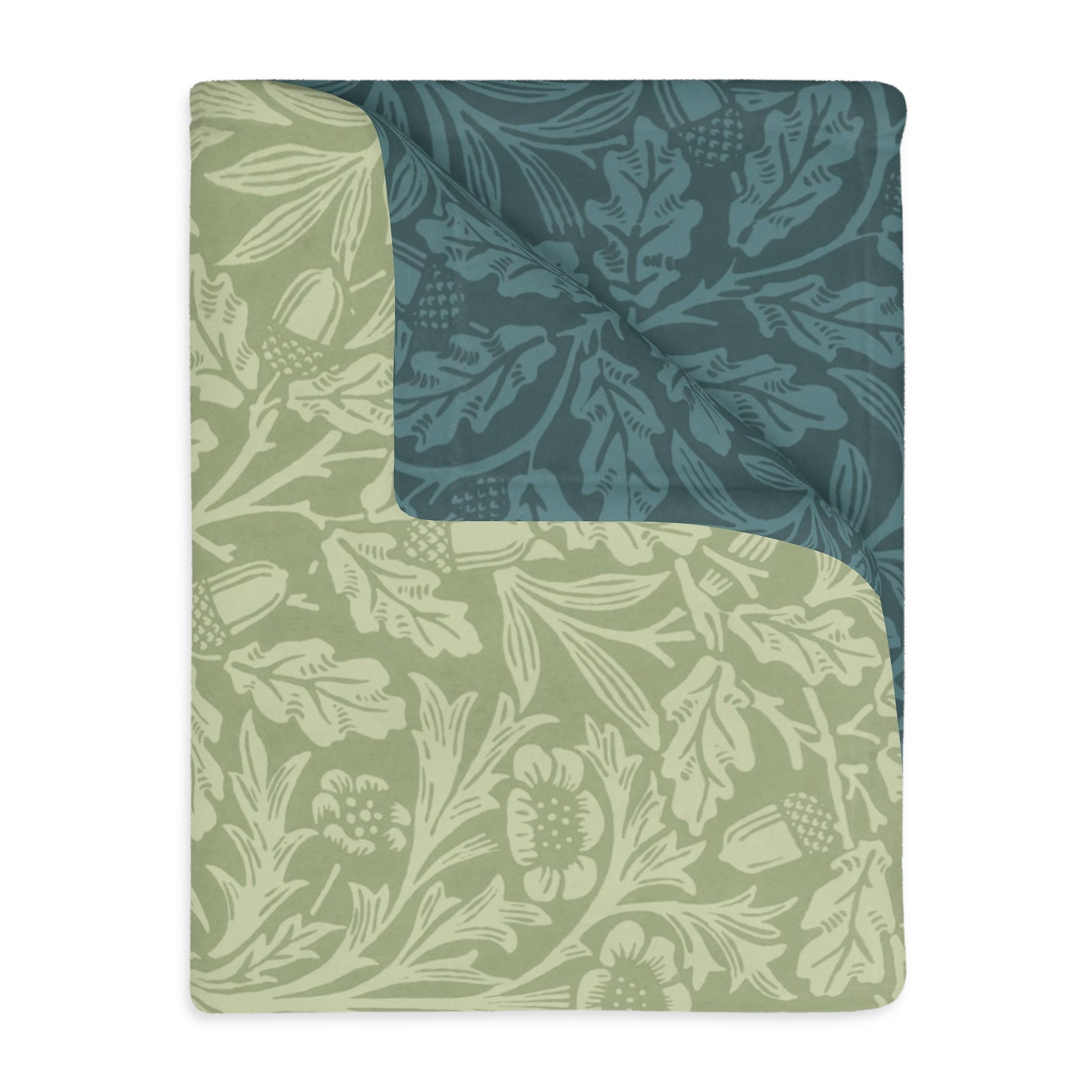 Luxury Velveteen Minky Blanket (Two-sided print) inspired by William Morris & Co in a pattern called Acorns & Oak Leaves Collection (Green/Teal)