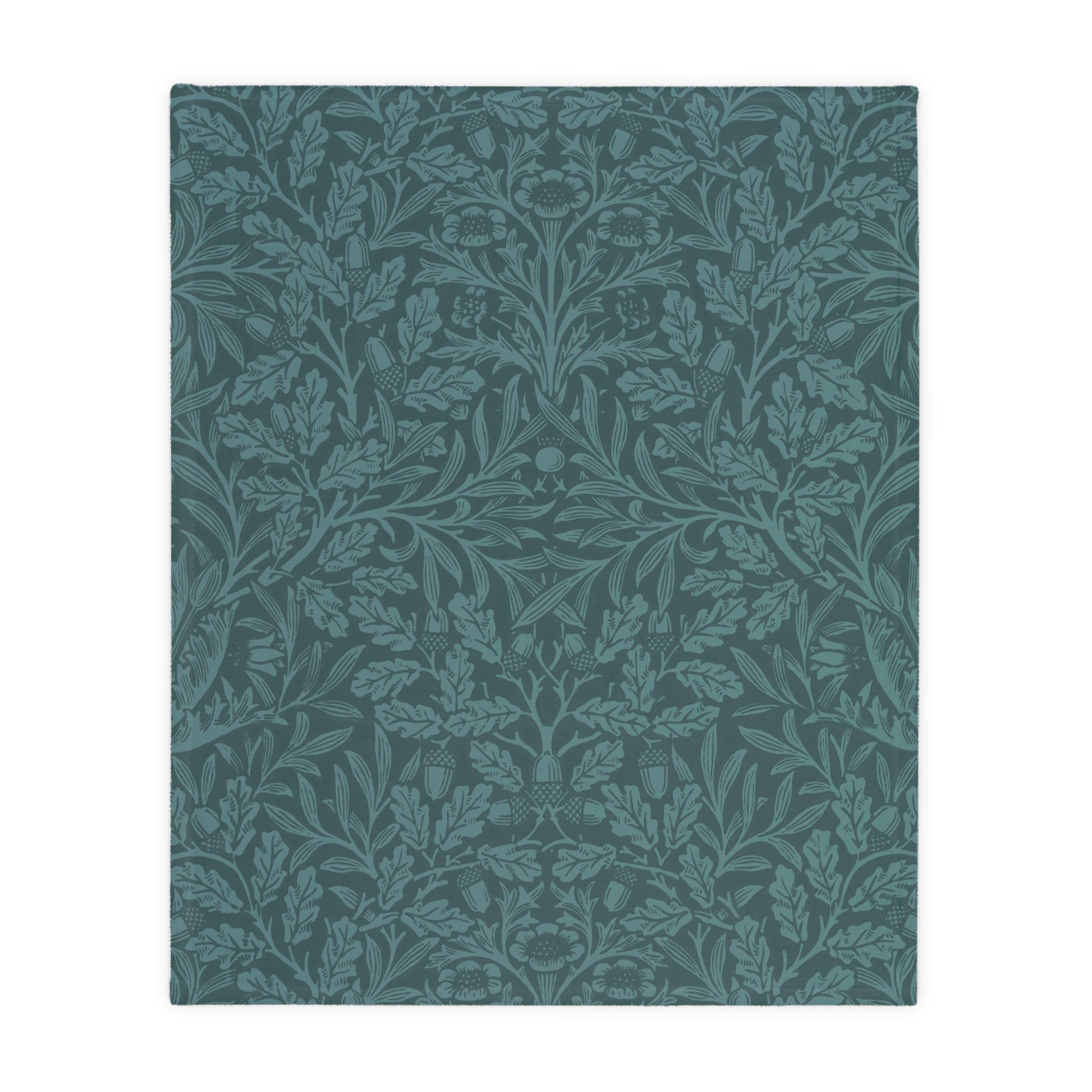 Luxury Velveteen Minky Blanket (Two-sided print) inspired by William Morris & Co in a pattern called Acorns & Oak Leaves Collection (Green/Teal)