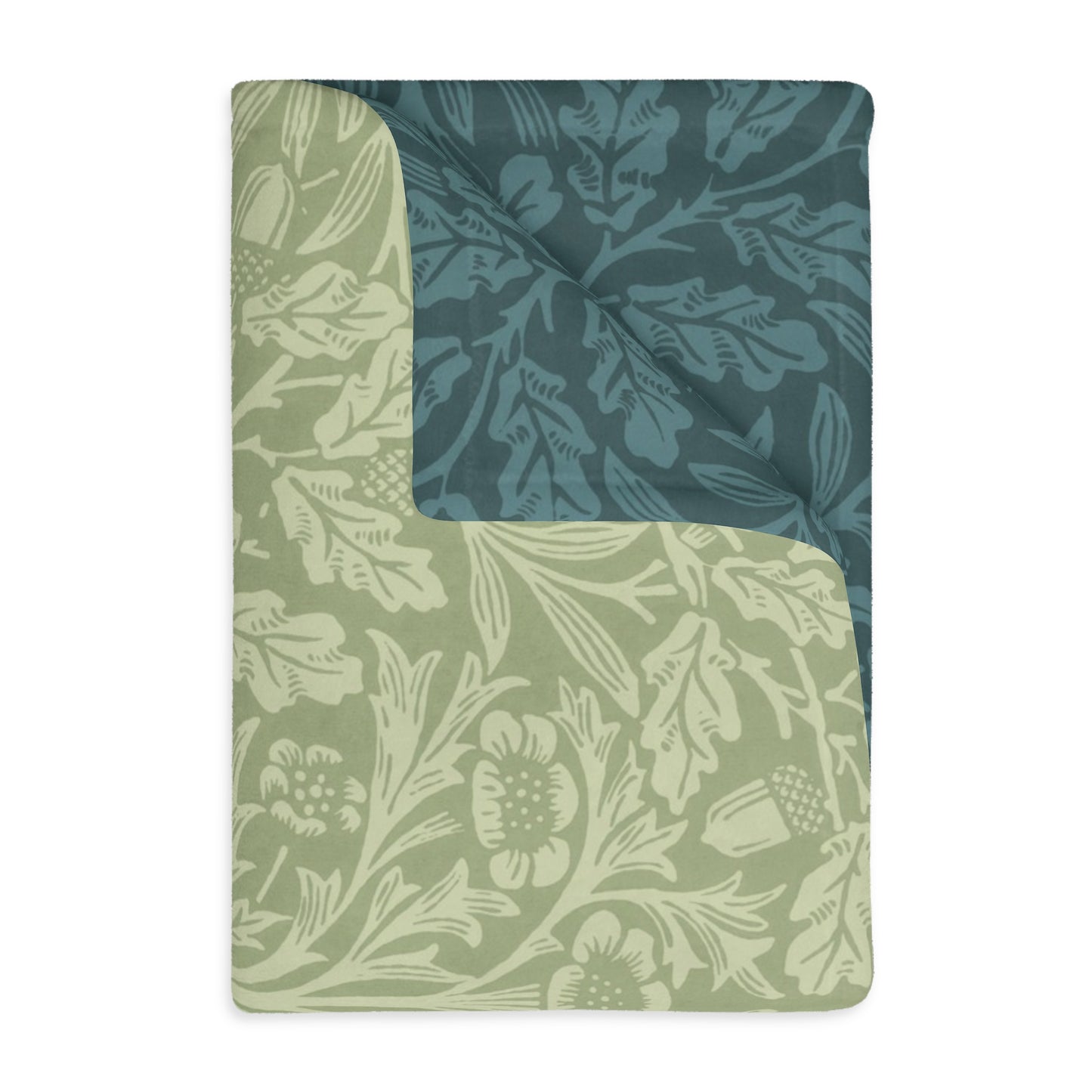 Luxury Velveteen Minky Blanket (Two-sided print) inspired by William Morris & Co in a pattern called Acorns & Oak Leaves Collection (Green/Teal)