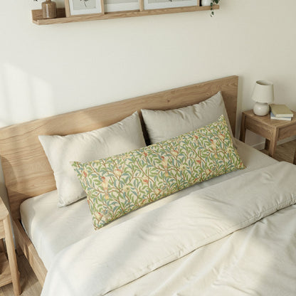Bedroom with a wooden bed frame and floral patterned pillow