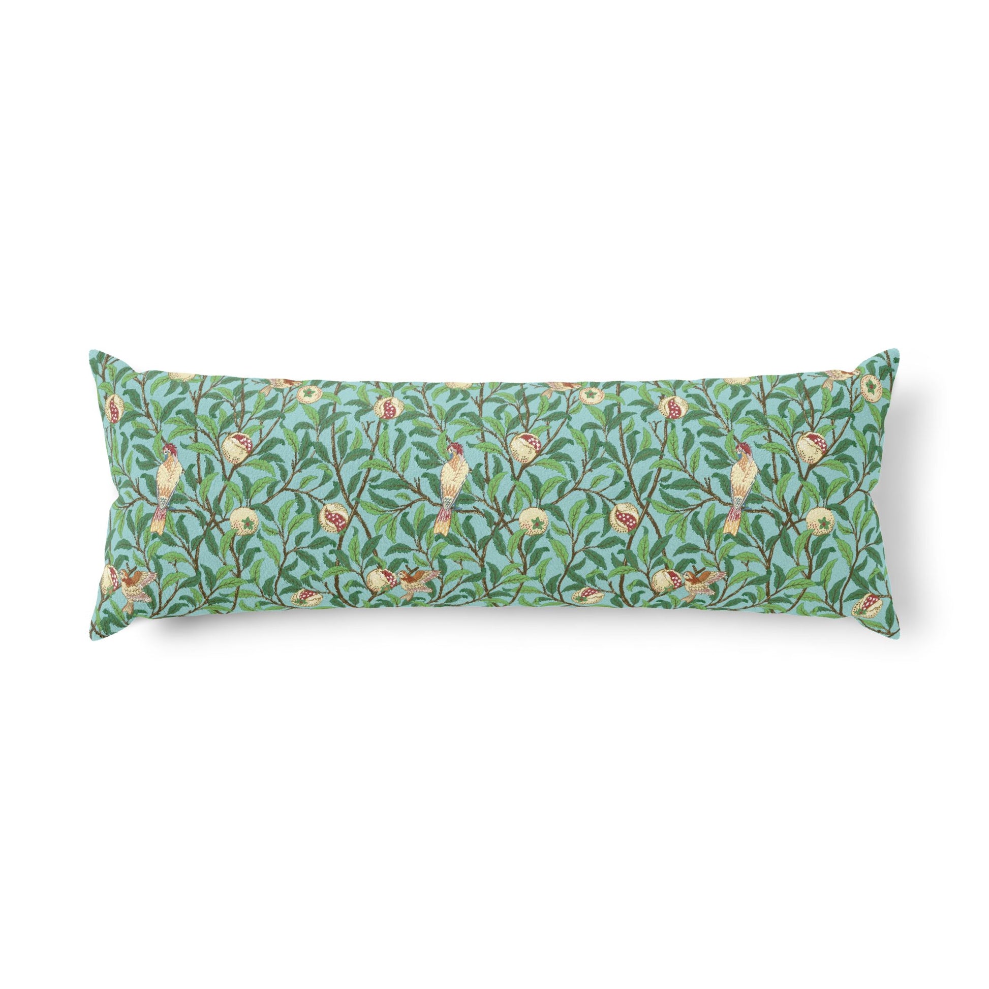 Decorative pillow with floral and bird pattern on a white background