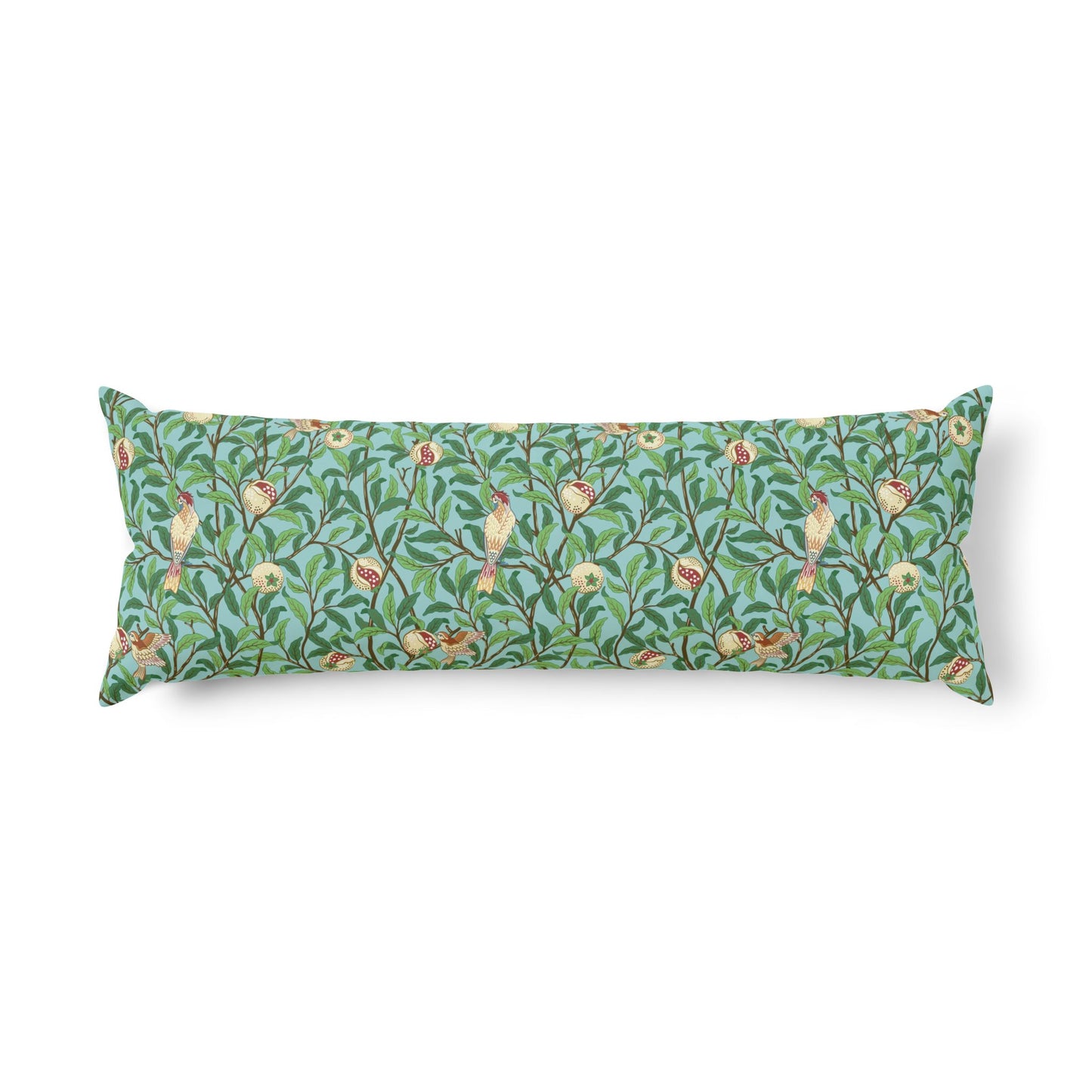 Long rectangular pillow with floral and bird pattern on a white background