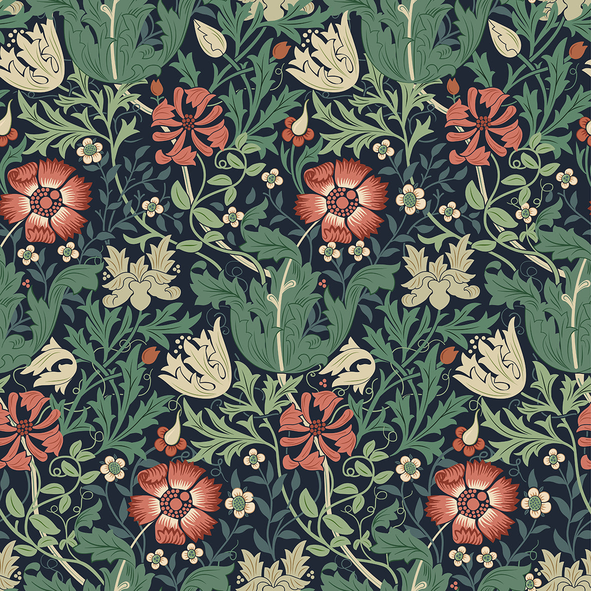 Floral pattern with red flowers and green leaves on a dark blue background
