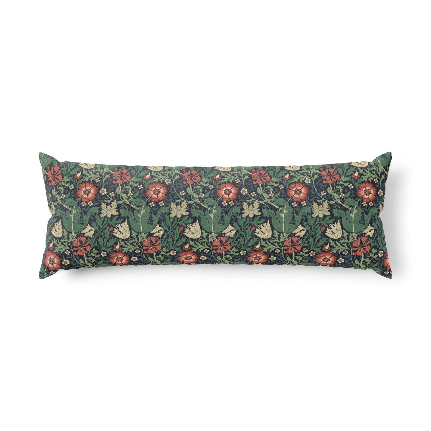 Body Pillow inspired by William Morris & Co in a red, blue, beige and green floral pattern called Compton Collection (Hill Cottage)