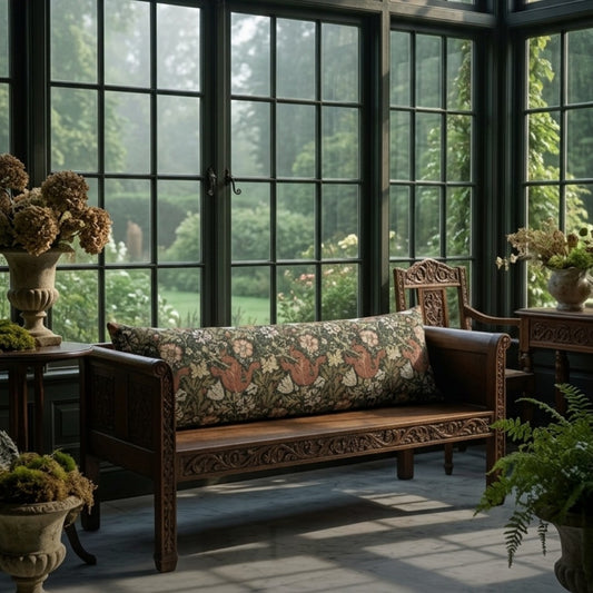 An ornate carved dark wood bench with a floral patterned cushion sits in a sunlit greenhouse or conservatory with large black-framed windows and potted plants.