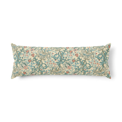 A long rectangular lumbar pillow featuring a classic William Morris-style floral and scroll pattern in teal, coral, and cream on a white background.