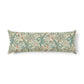 A long rectangular lumbar pillow featuring a classic William Morris-style floral and scroll pattern in teal, beige, and muted red on a clean white background.