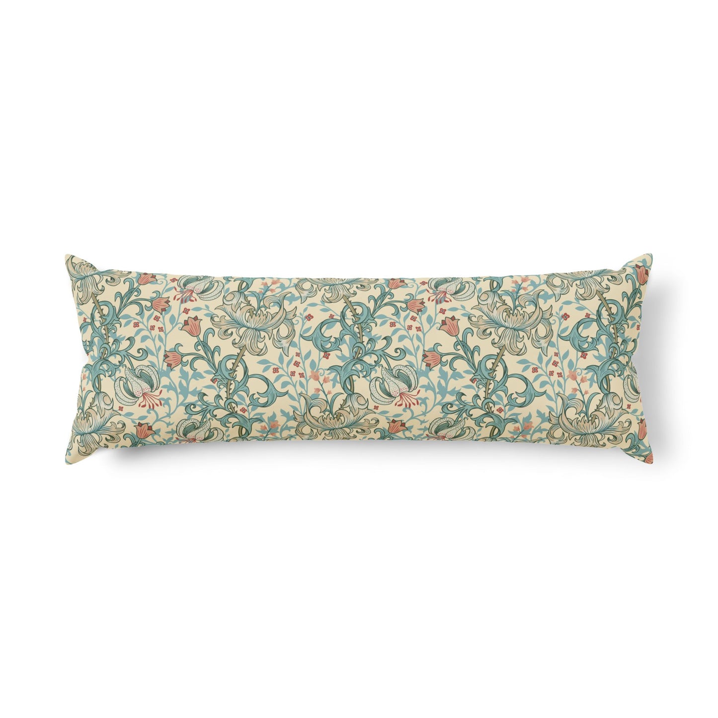A long rectangular lumbar pillow featuring a classic William Morris-style floral and scroll pattern in teal, beige, and muted red on a clean white background.