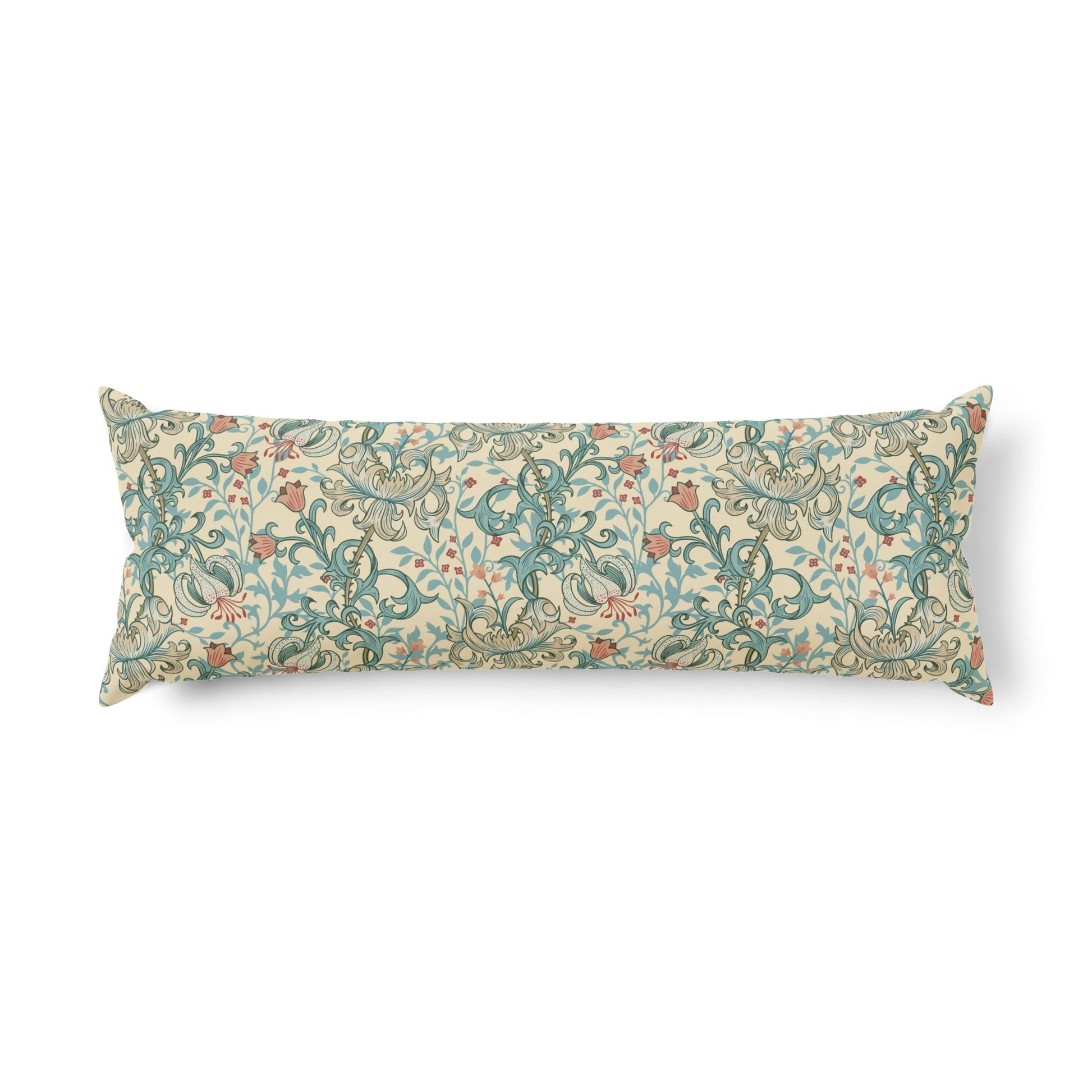 A long rectangular lumbar pillow featuring a classic William Morris-style floral and scroll pattern in teal, beige, and muted red on a clean white background.