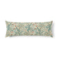 A long rectangular lumbar pillow featuring a classic William Morris-style floral and scroll pattern in teal, coral, and cream on a white background.