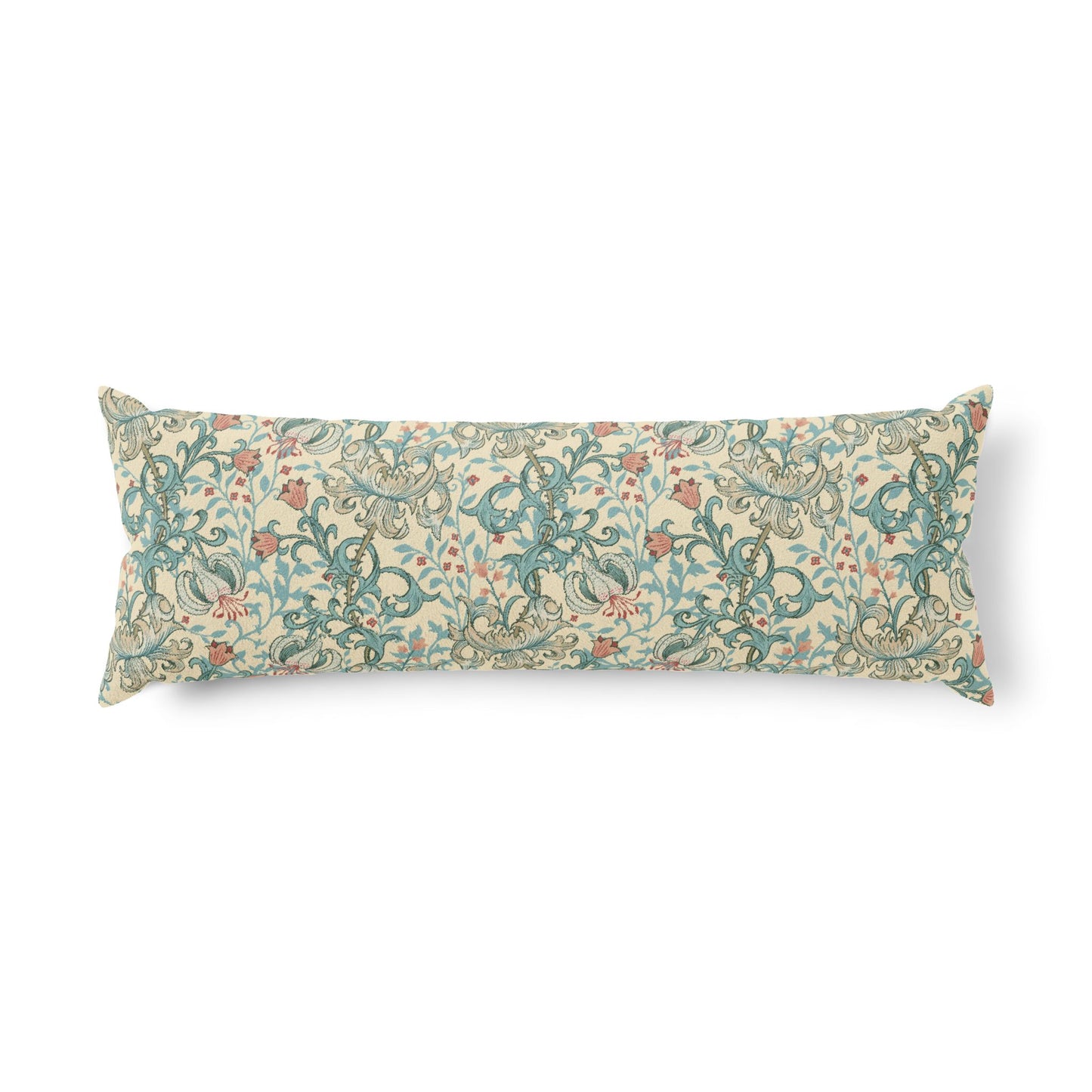 A long rectangular lumbar pillow featuring a classic William Morris-style floral and scroll pattern in teal, coral, and cream on a white background.