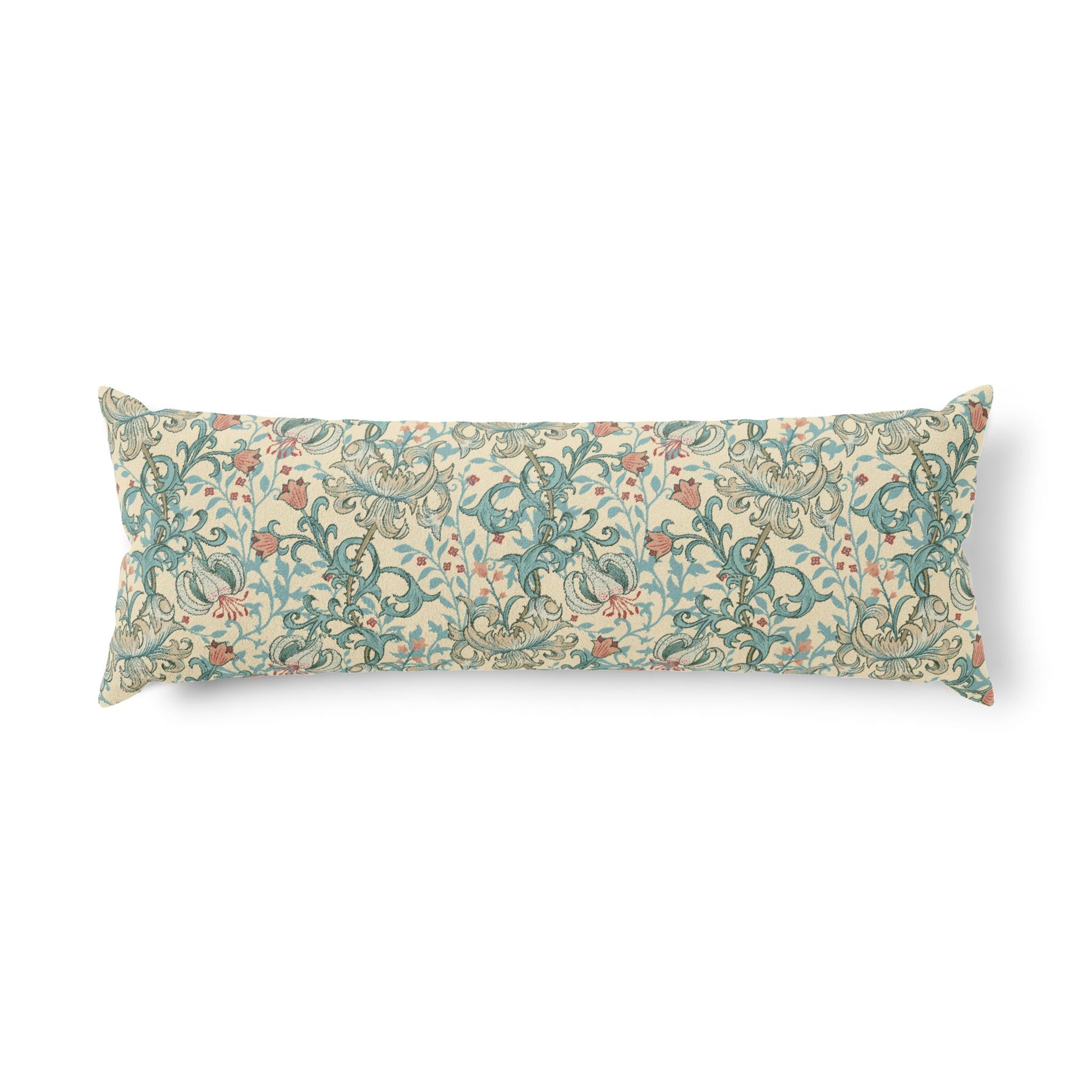 A long rectangular lumbar pillow featuring a classic William Morris-style floral and scroll pattern in teal, coral, and cream on a white background.