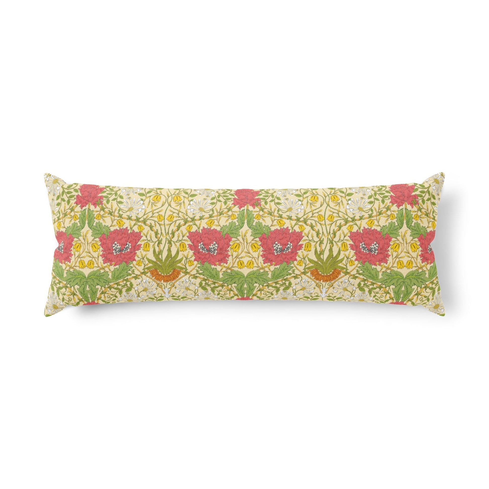 A long rectangular lumbar pillow featuring a vintage floral pattern with red poppies, green leaves, and yellow accents on a cream background, shown against a plain white studio backdrop.