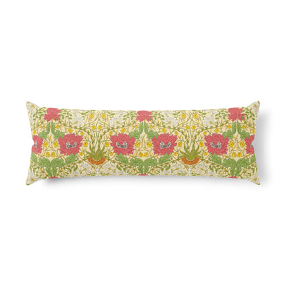 A long rectangular lumbar pillow featuring a vintage floral pattern with red poppies, green leaves, and yellow accents on a cream background, shown against a plain white studio backdrop.