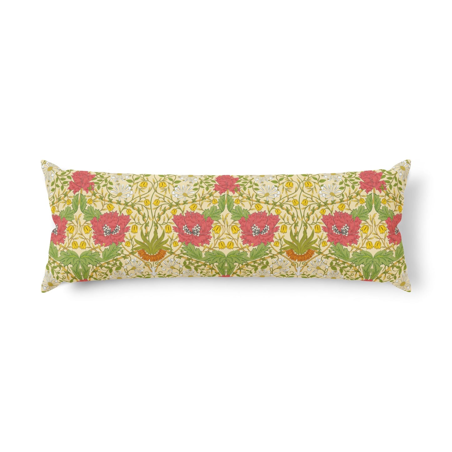 A long rectangular lumbar pillow featuring a vintage floral pattern with pink poppies, green leaves, and yellow accents on a cream background, shown against a plain white studio backdrop.