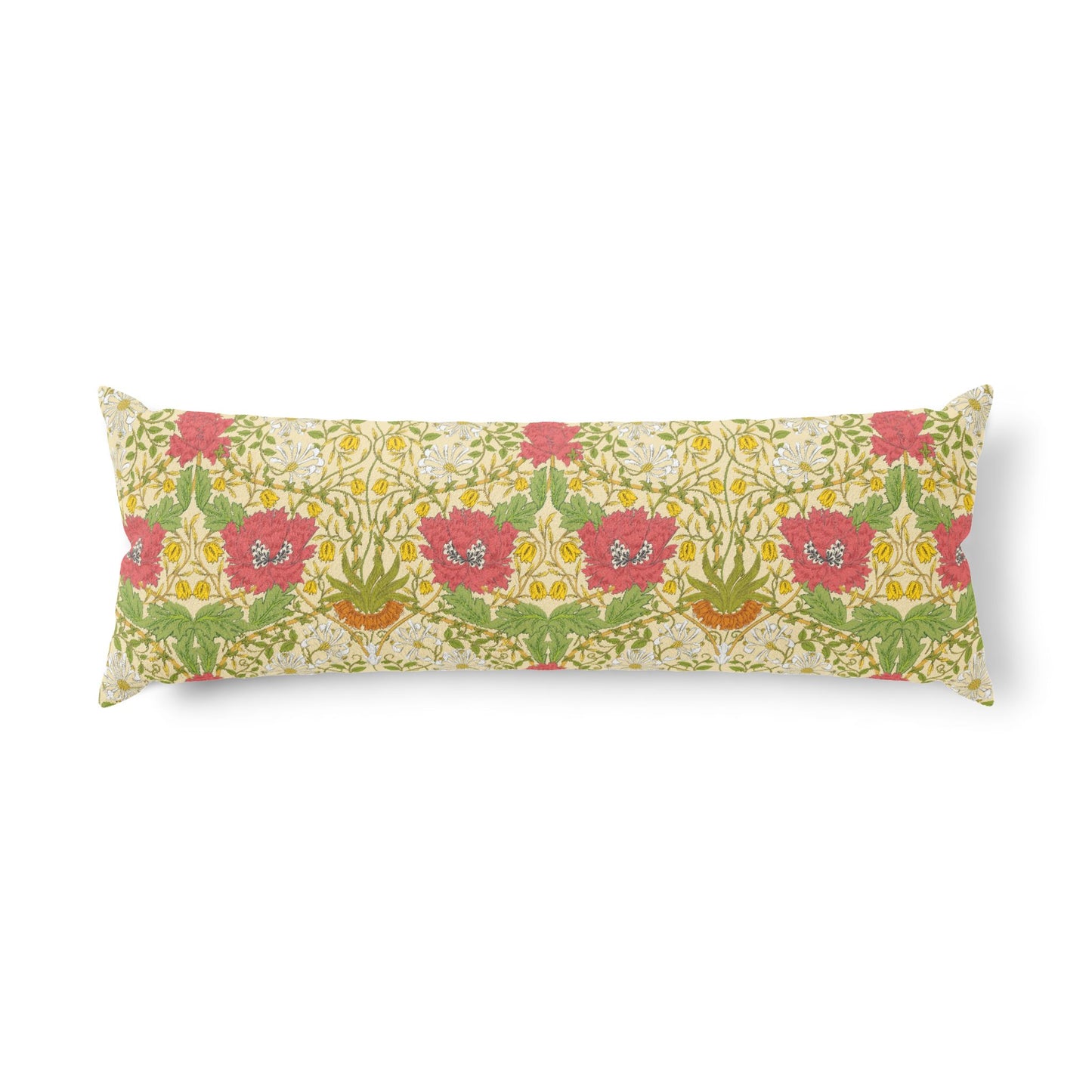 A long rectangular lumbar pillow featuring a vintage floral pattern with red poppies, green leaves, and yellow accents on a cream background, shown against a plain white studio backdrop.