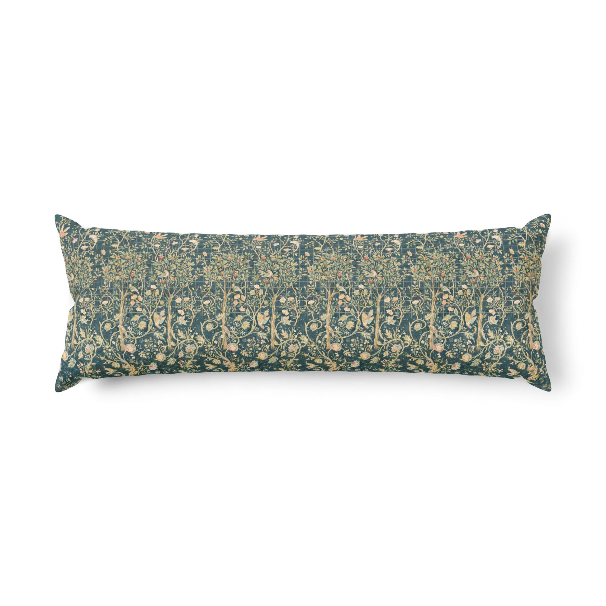 Long decorative body pillow with a William Morris floral pattern on a white background