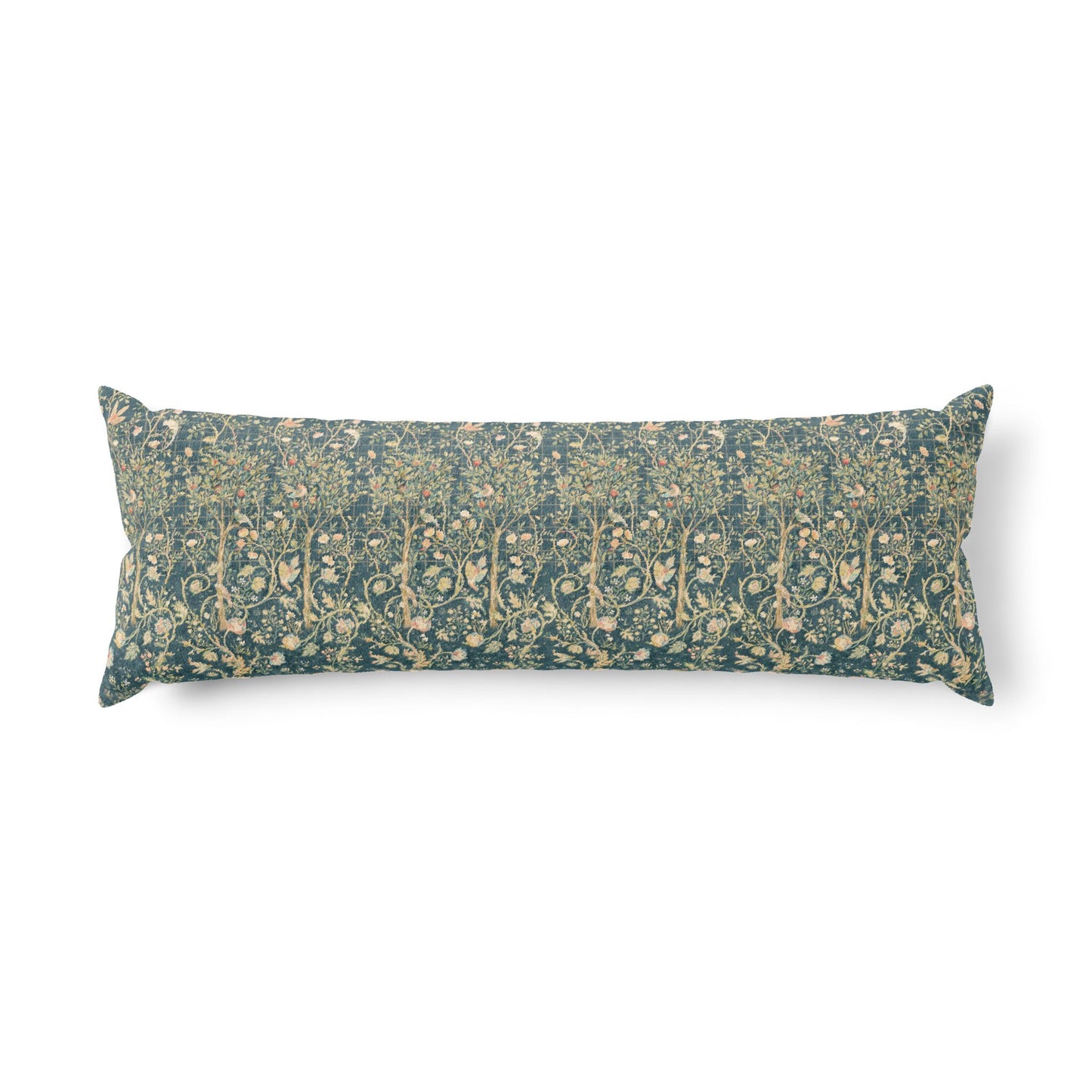 Long decorative body pillow with a William Morris floral pattern on a white background