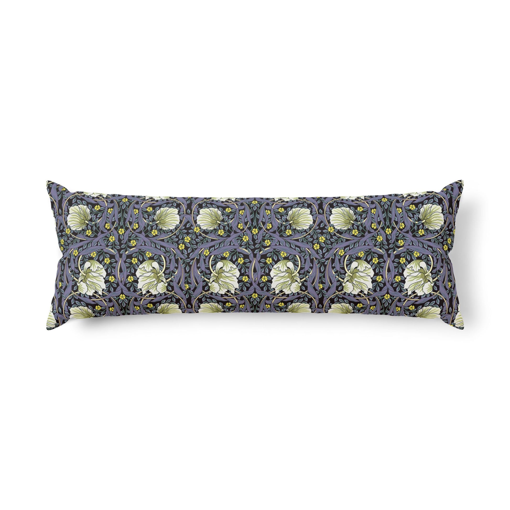Long decorative pillow with floral pattern on a white background