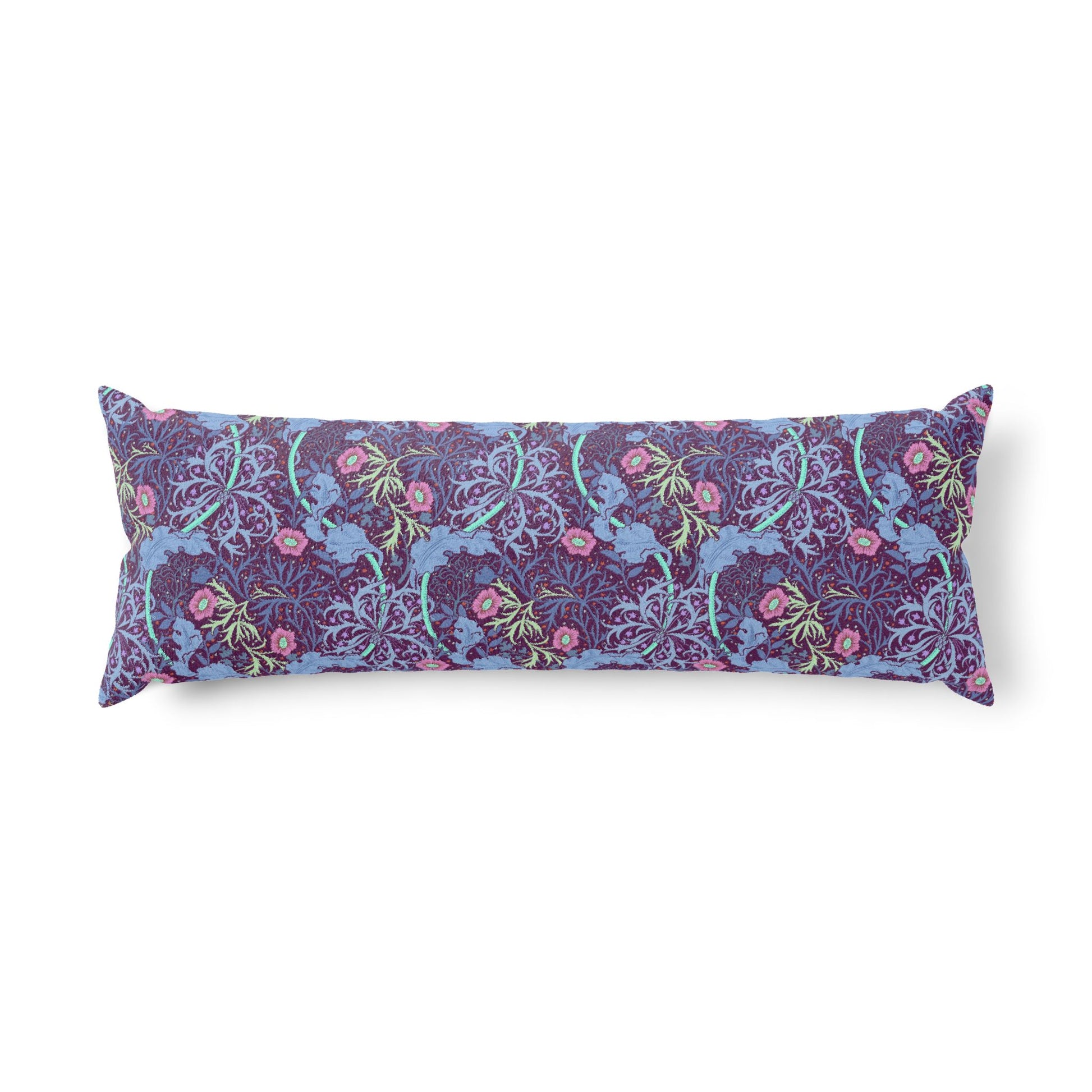 Decorative pillow with floral and dragon pattern on a white background