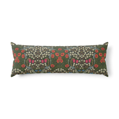 A long rectangular lumbar pillow featuring a dense floral and botanical pattern in olive green, red, pink, and white, set against a plain white background.