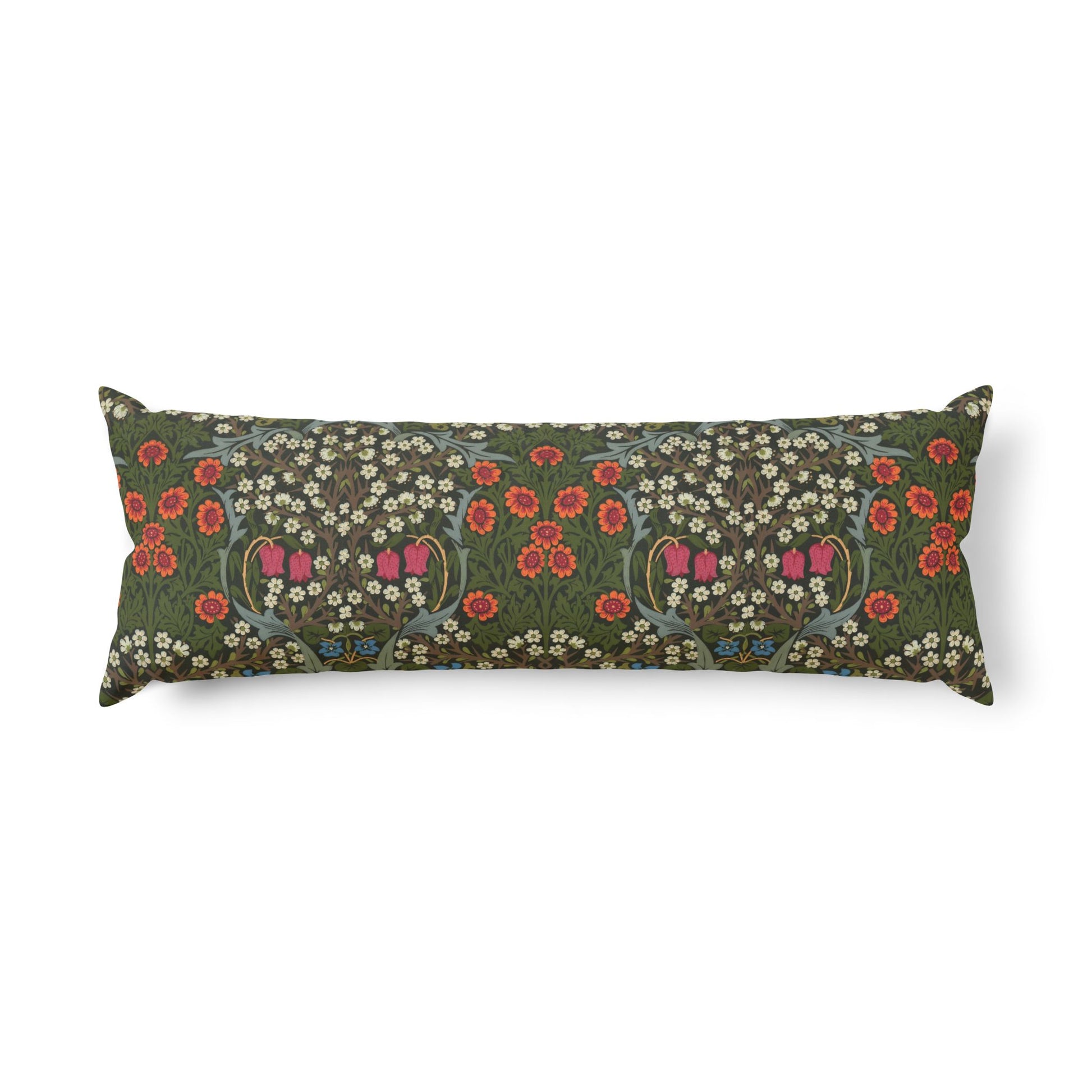 A long rectangular lumbar pillow featuring a dense floral pattern in olive green, red, pink, and cream, set against a plain white background.