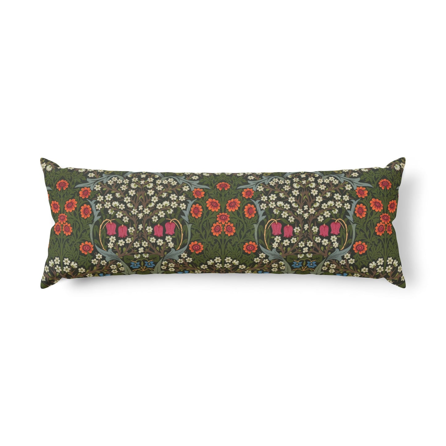 A long rectangular lumbar pillow featuring a dense floral pattern in olive green, red, pink, and cream, set against a plain white background.