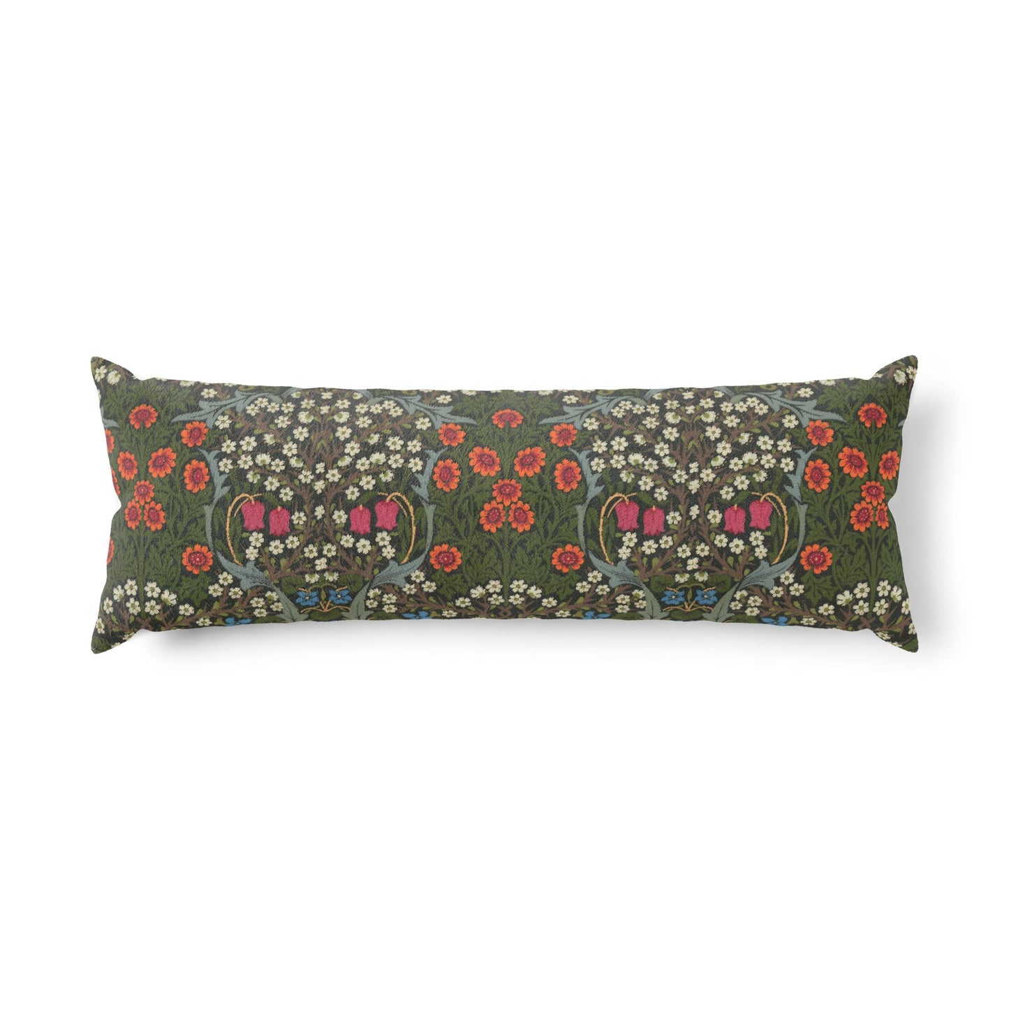 A long rectangular lumbar pillow featuring a dense floral and botanical pattern in olive green, red, pink, and white, set against a plain white background.