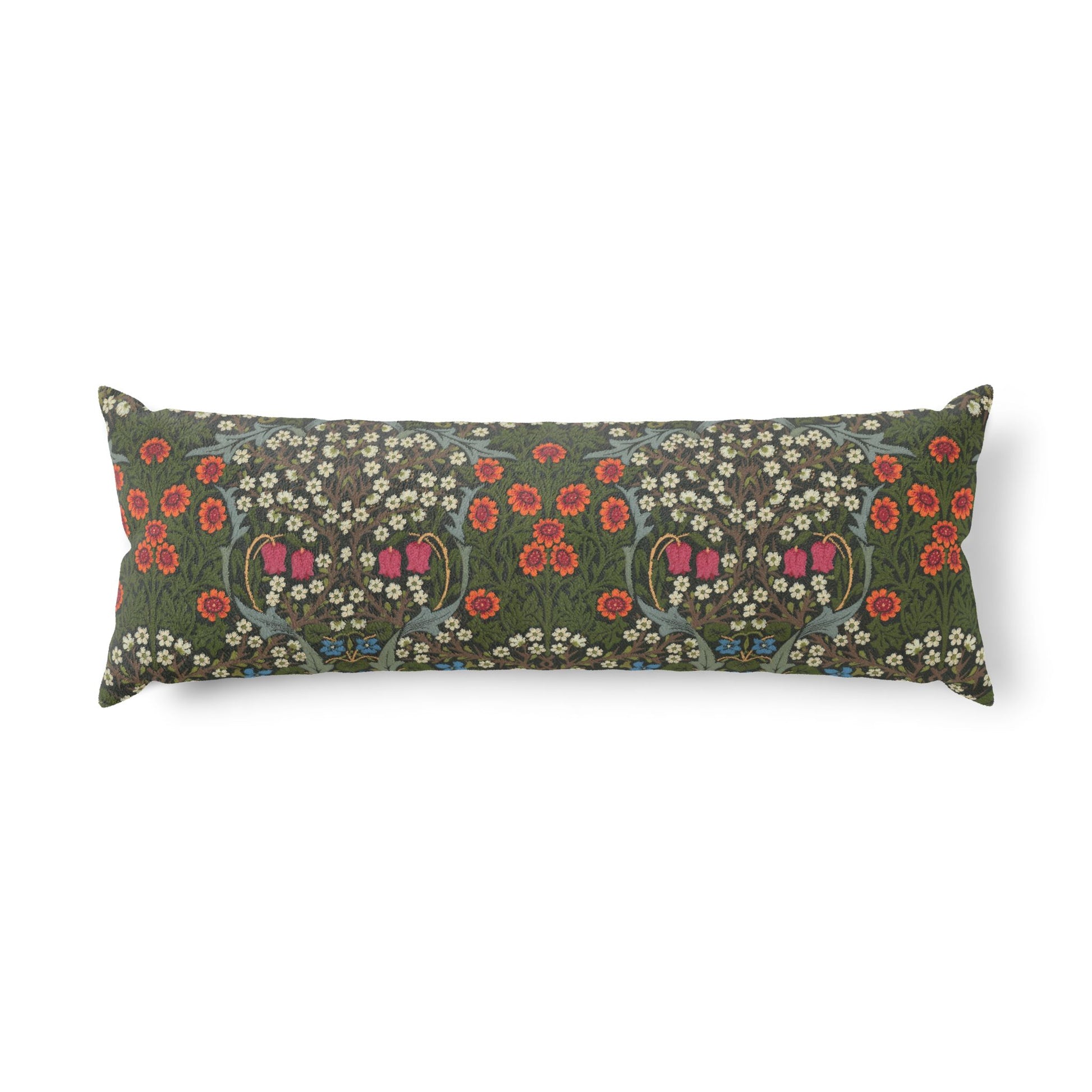 A long rectangular lumbar pillow featuring a dense floral and botanical pattern in olive green, red, pink, and white, set against a plain white background.
